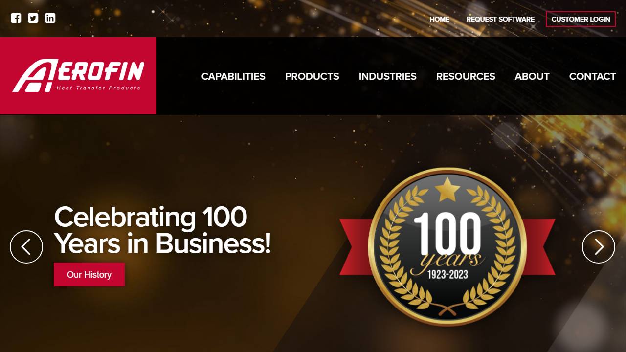 Screenshot of Aerofin Corporation website