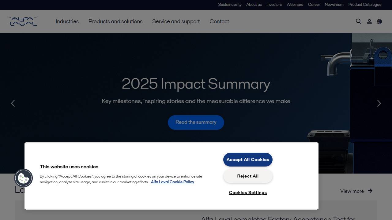 Screenshot of Alfa Laval Inc. website