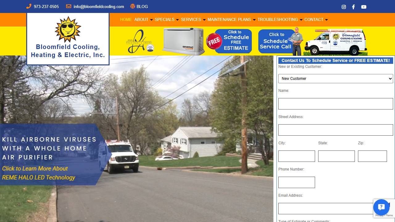 Screenshot of Bloomfield Cooling, Heating & Electric Inc. website