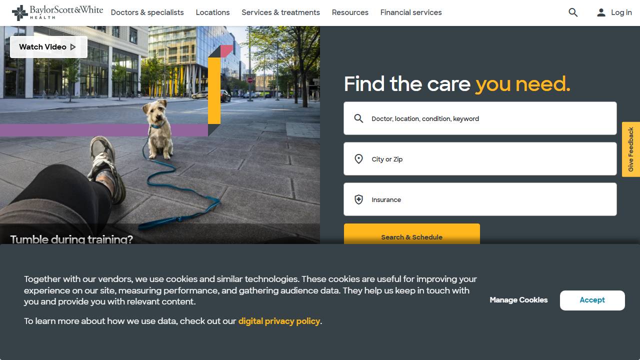 Screenshot of Baylor Scott & White website
