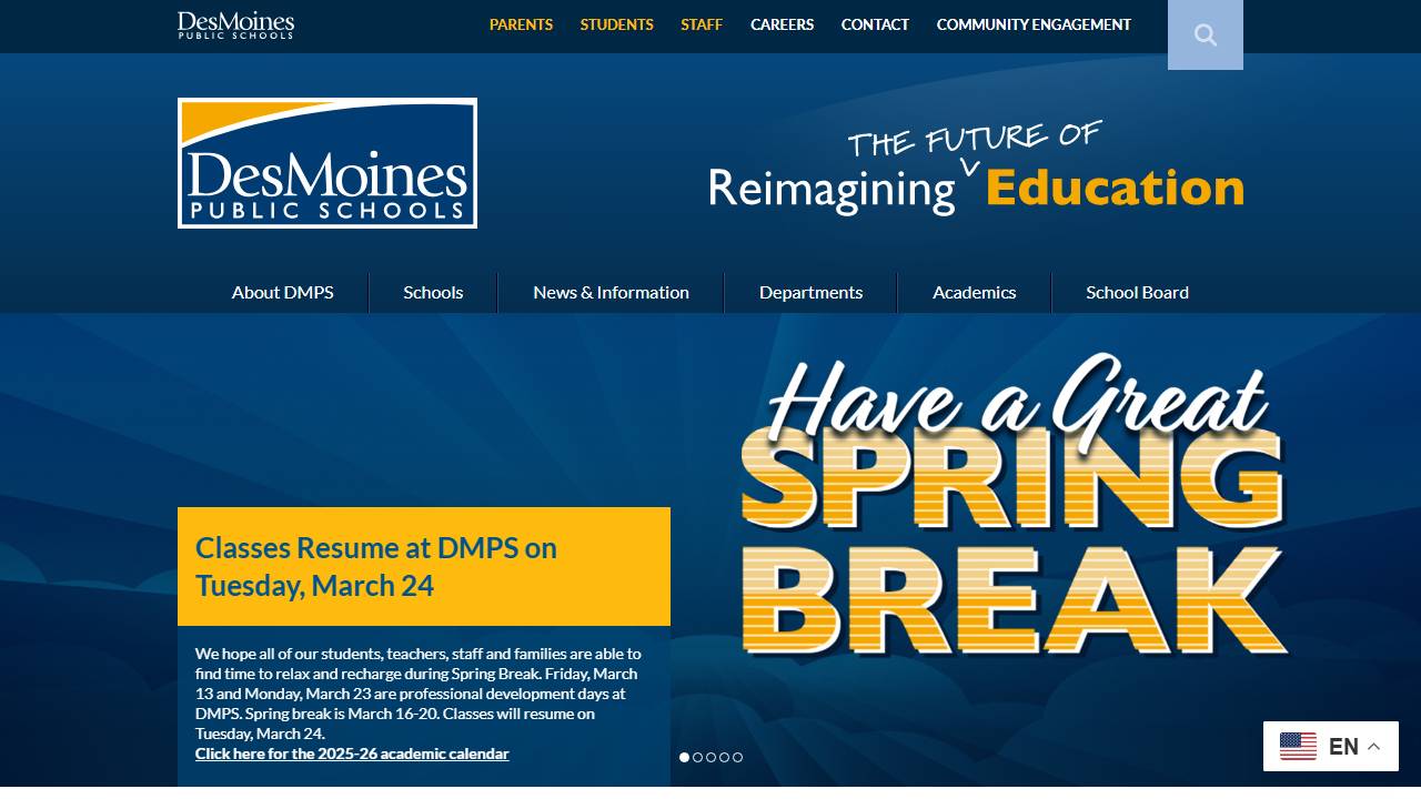 Screenshot of Des Moines Public Schools (TPRA1) website