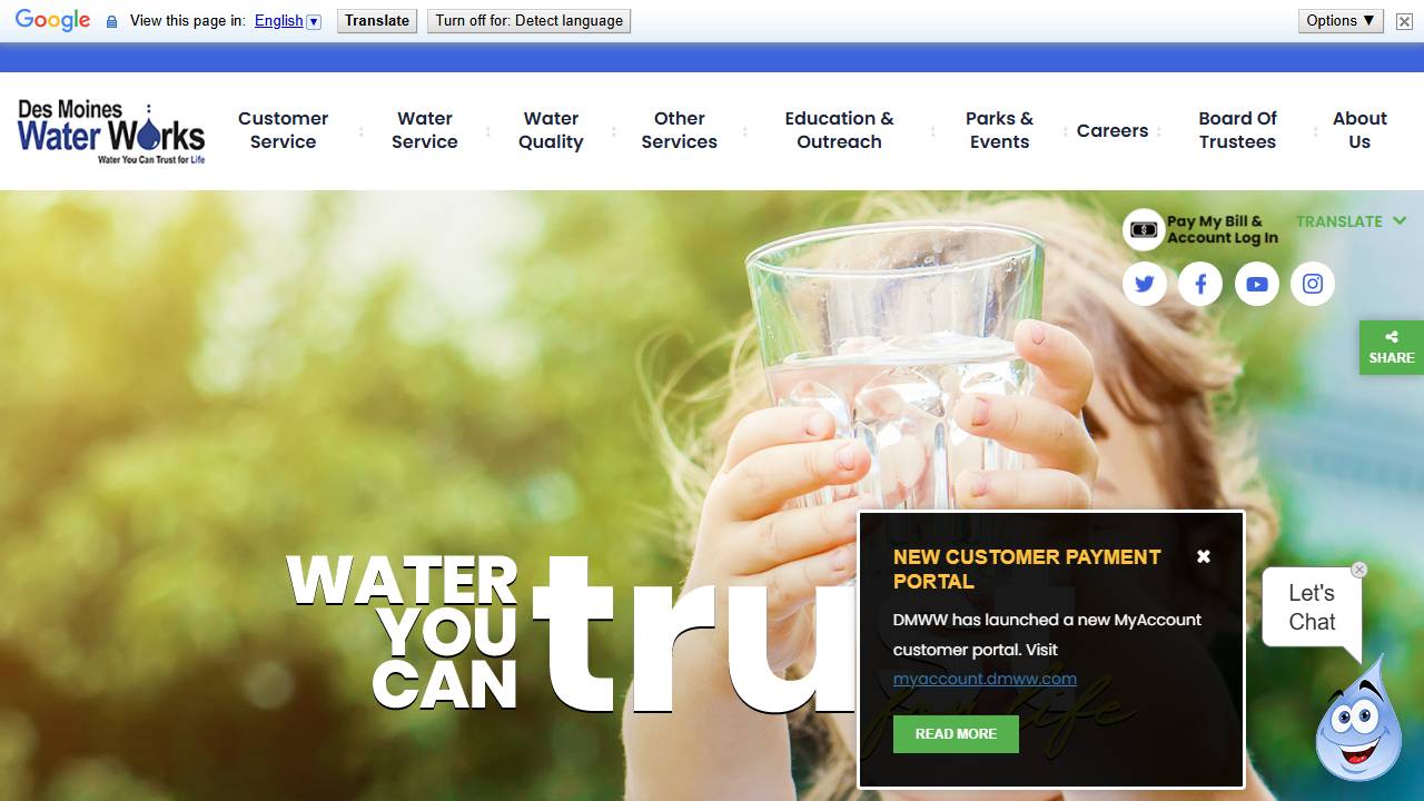 Screenshot of Des Moines Water Works website