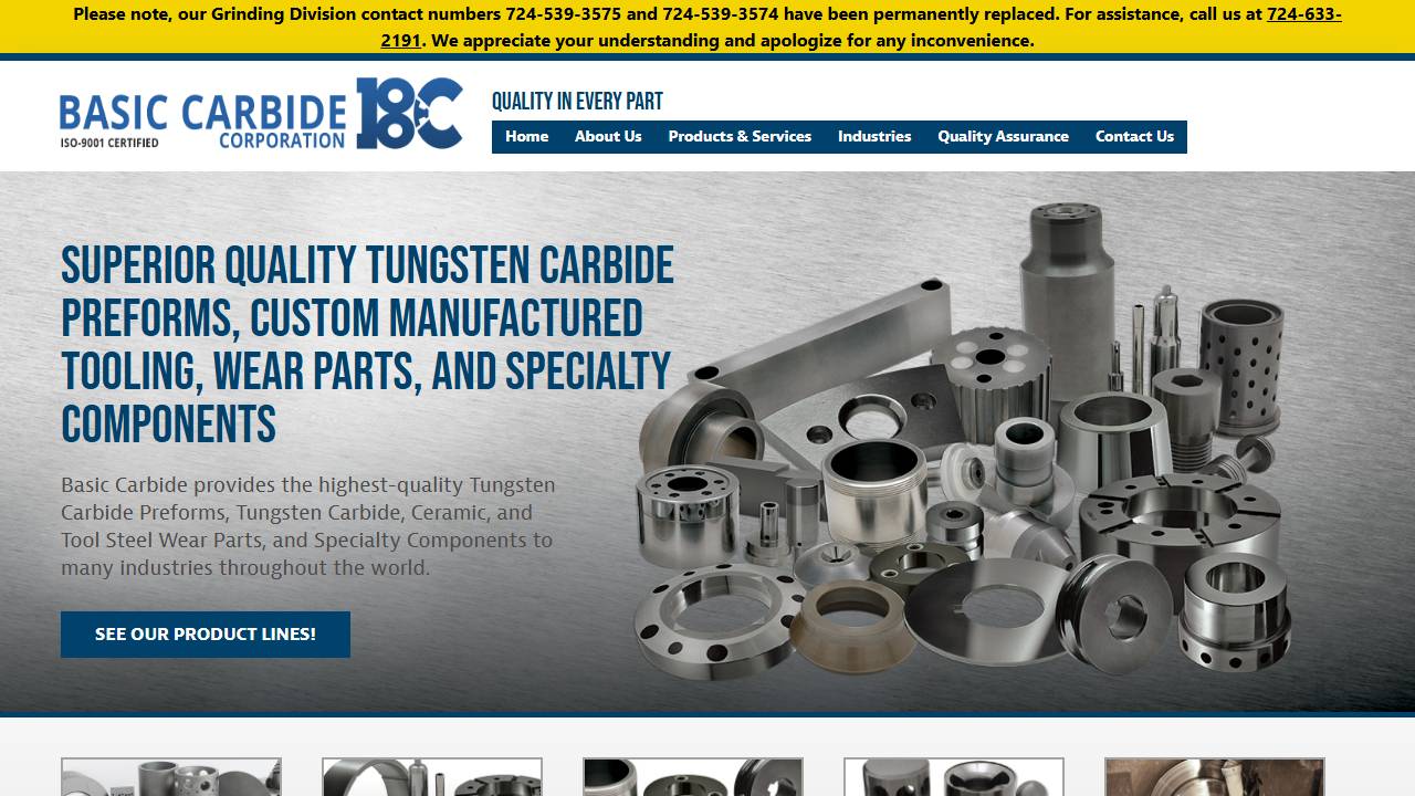 Screenshot of Basic Carbide Corporation website