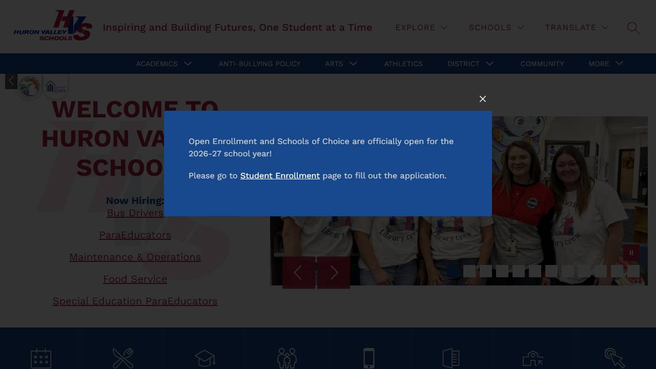 Screenshot of Huron Valley Schools - Adult Education website