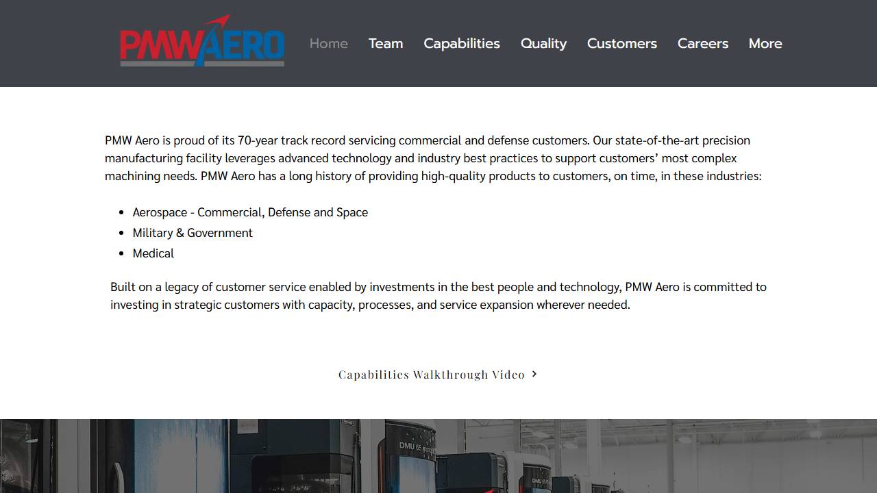 Screenshot of PMW Aero, LLC website