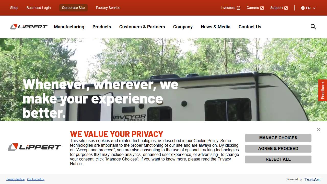 Screenshot of Lippert Components website