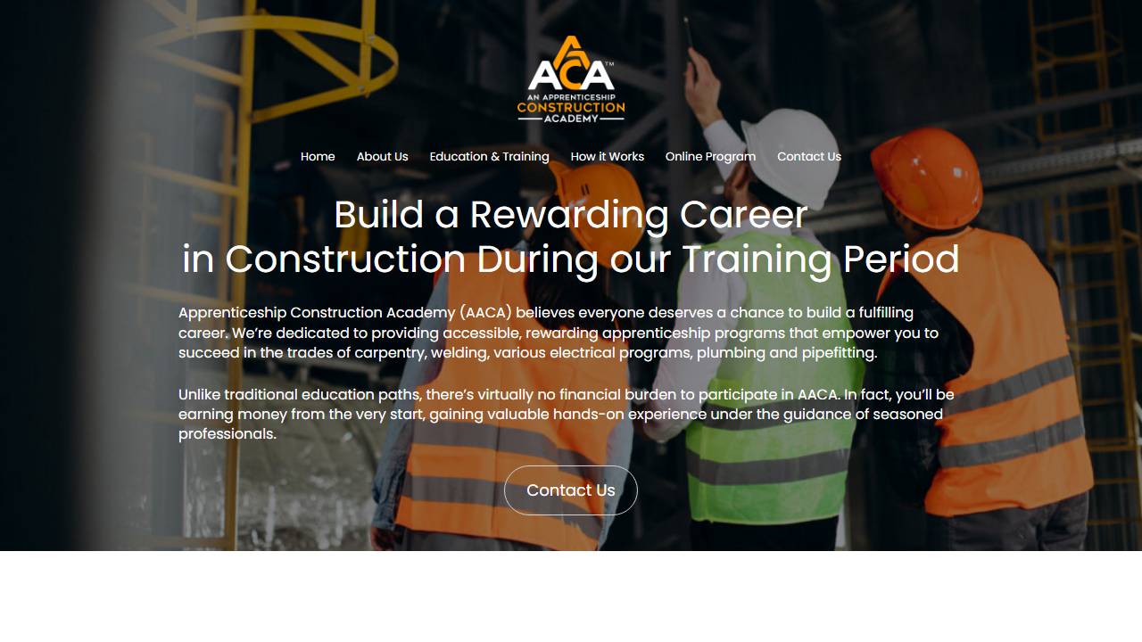 Screenshot of AApprenticeship Construction Academy, LLC website