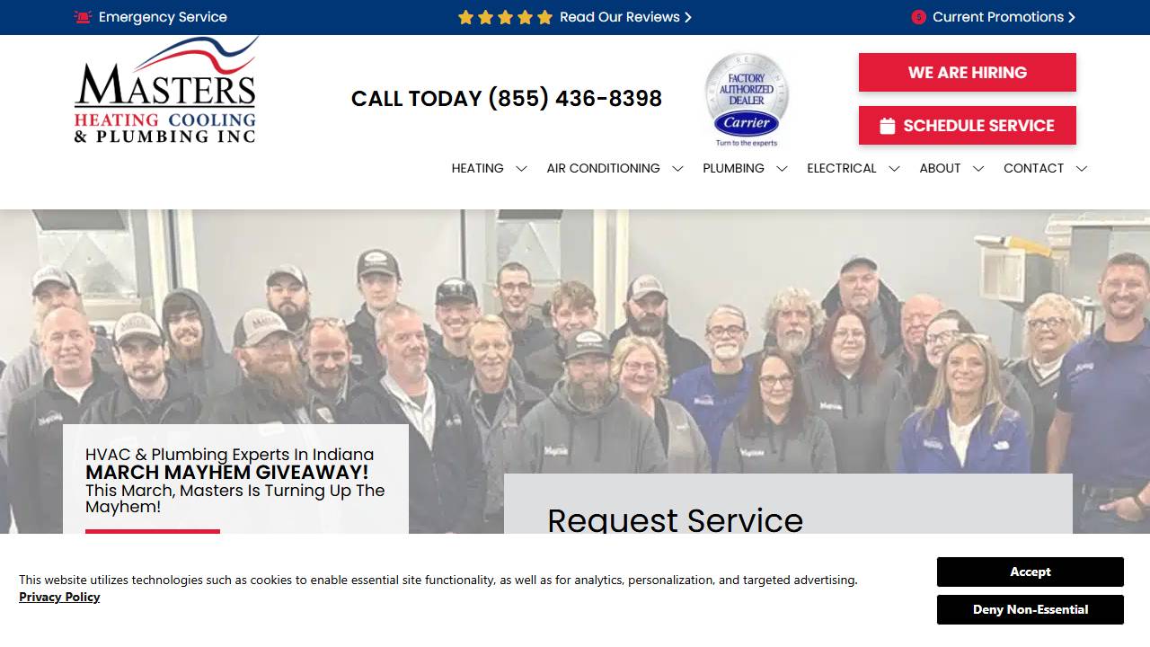 Screenshot of Masters Heating & Cooling, Inc. website