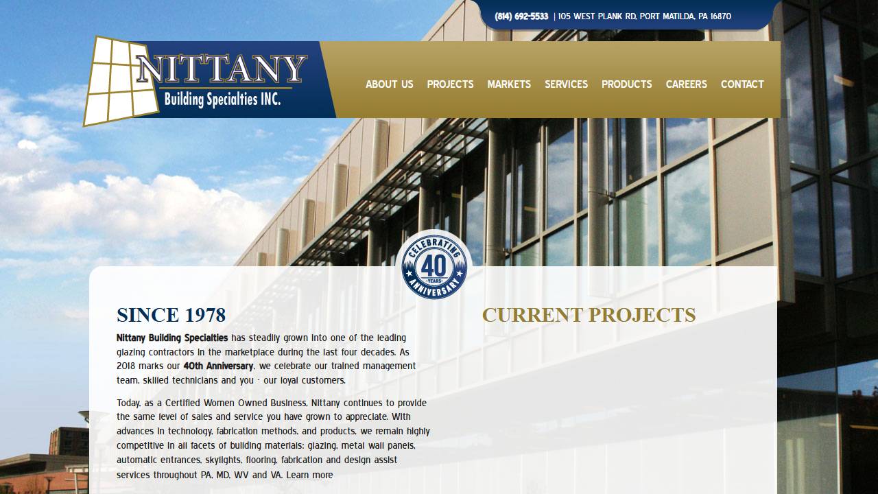 Screenshot of Nittany Building Specialties, Inc website