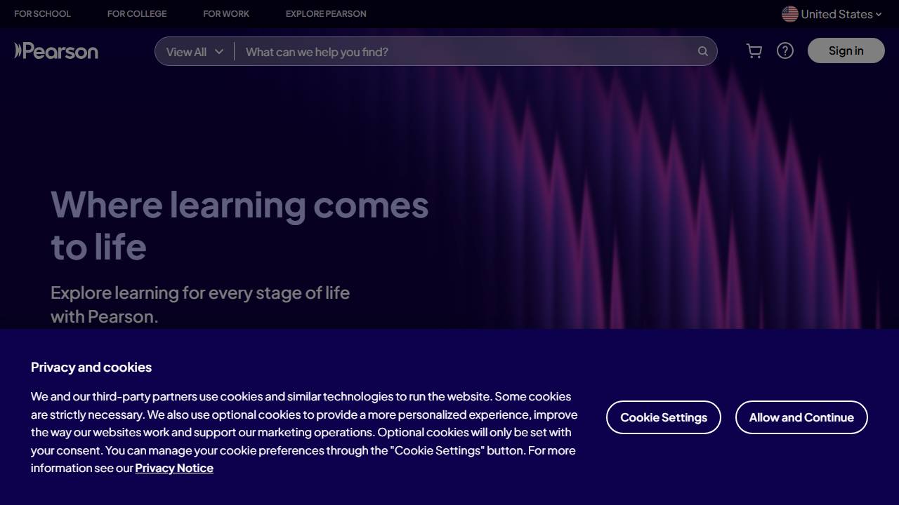 Screenshot of Pearson website