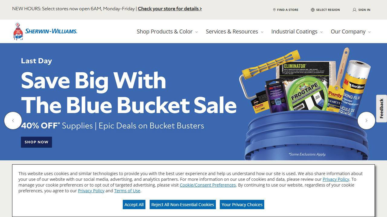 Screenshot of Sherwin Williams website