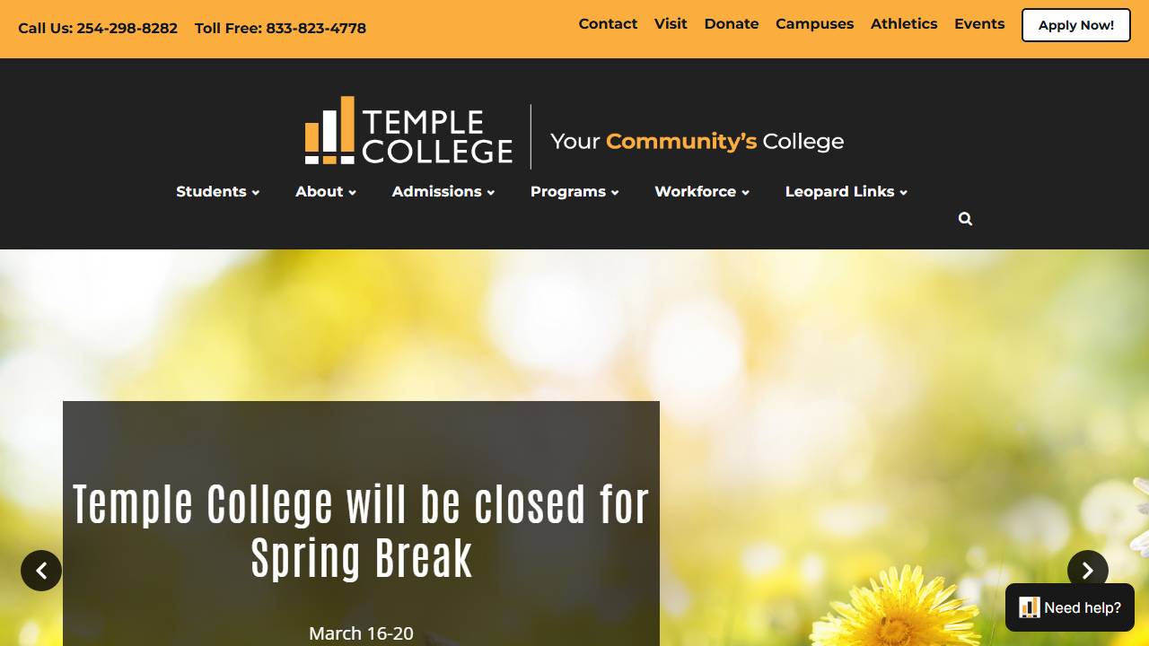 Screenshot of Temple College website