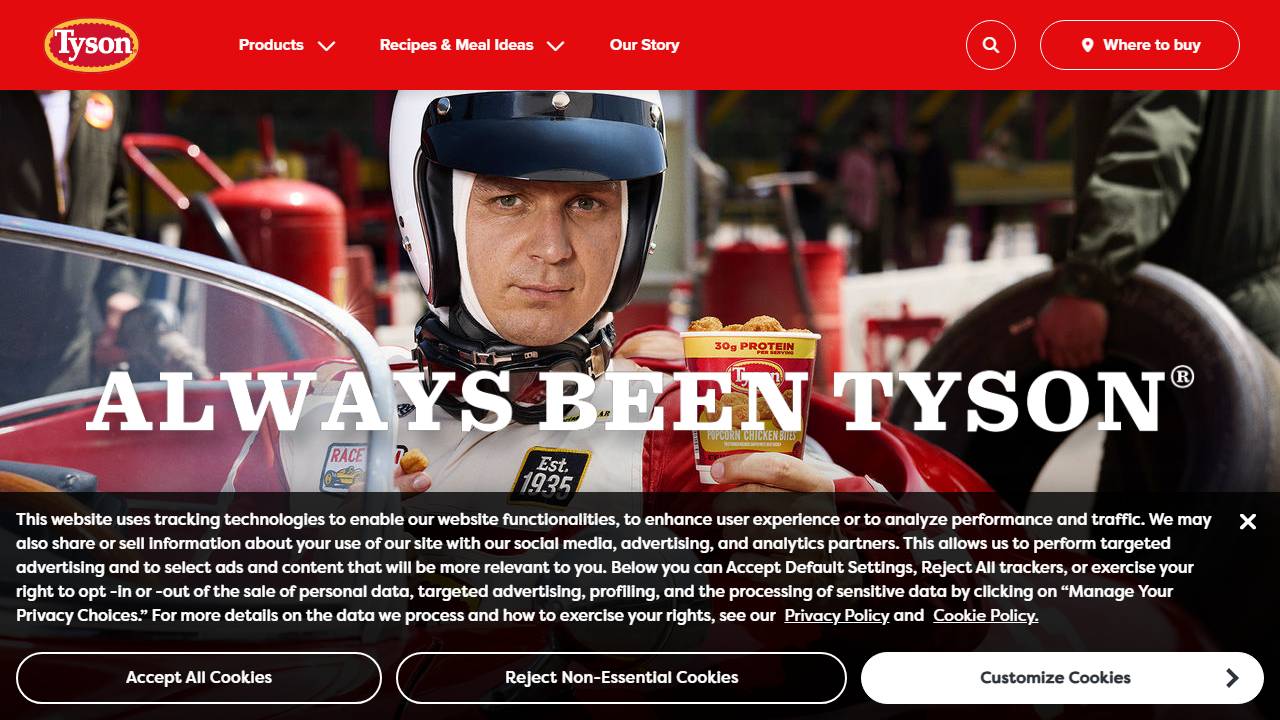 Screenshot of Tyson Foods website