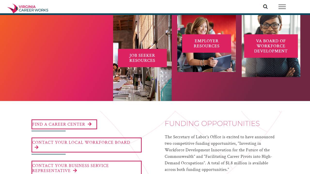 Screenshot of Virginia Works (aka Virginia Department of Workforce Development and Advancement) website