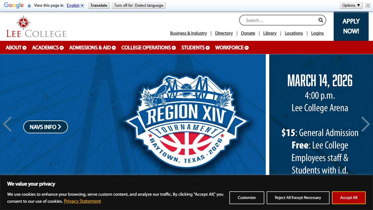 Screenshot of Lee College website