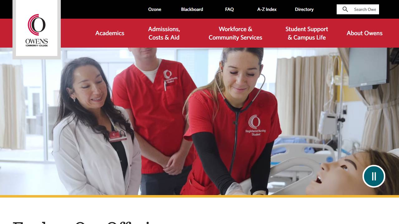 Screenshot of OWENS COMMUNITY COLLAGE / Northwest State Community College website
