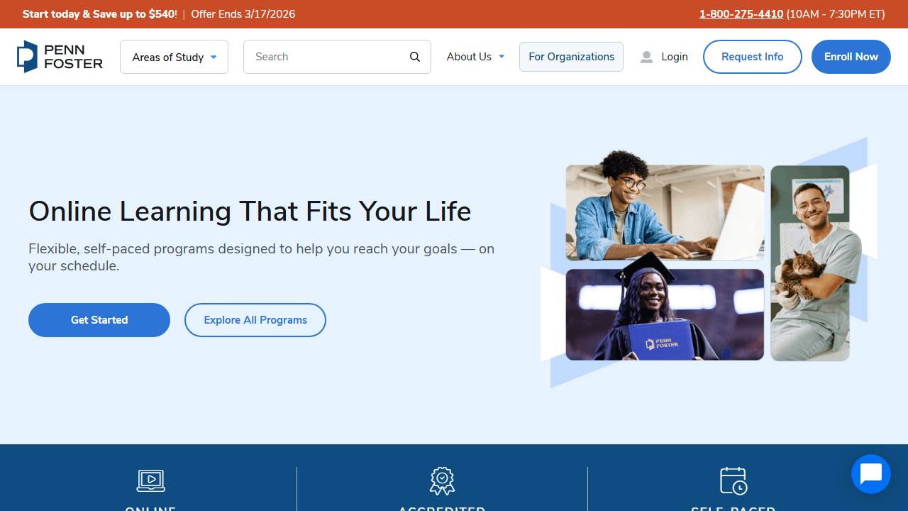 Screenshot of PENN Foster, CAW website