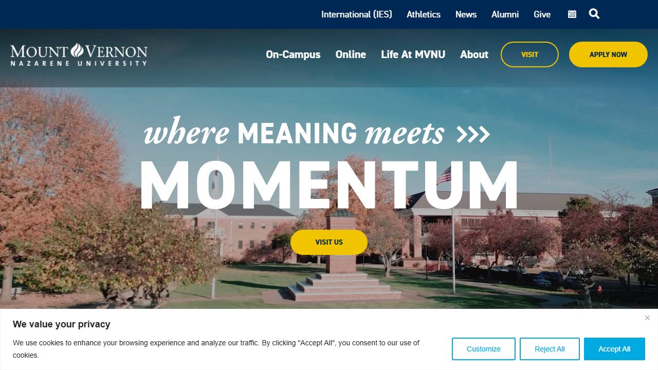 Screenshot of Mount Vernon Nazarene University website